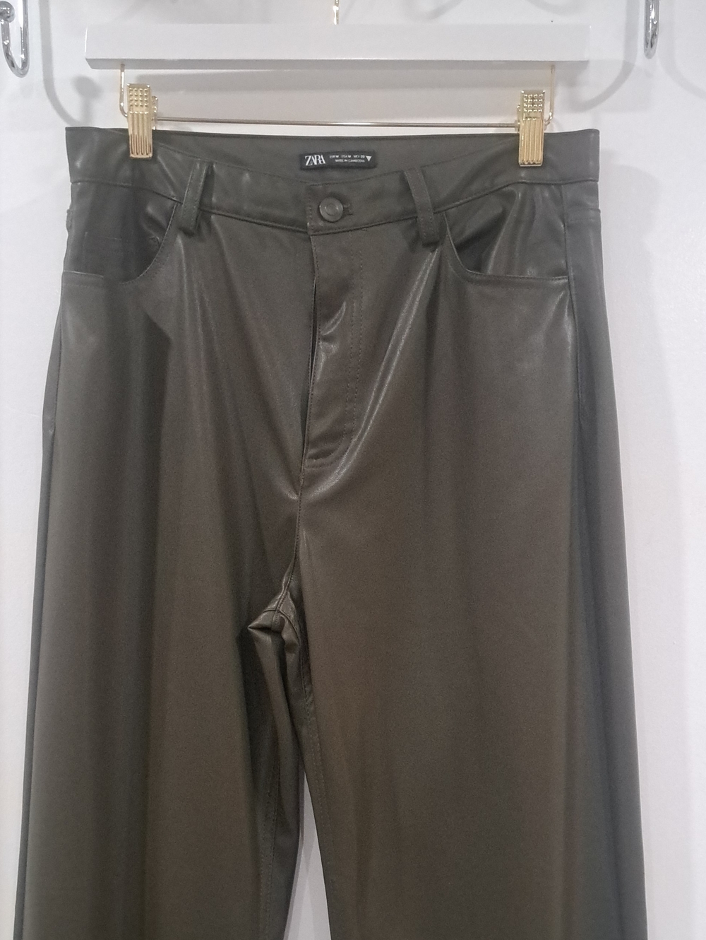 Zara Olive Green Faux Leather Wide-Leg Jeans